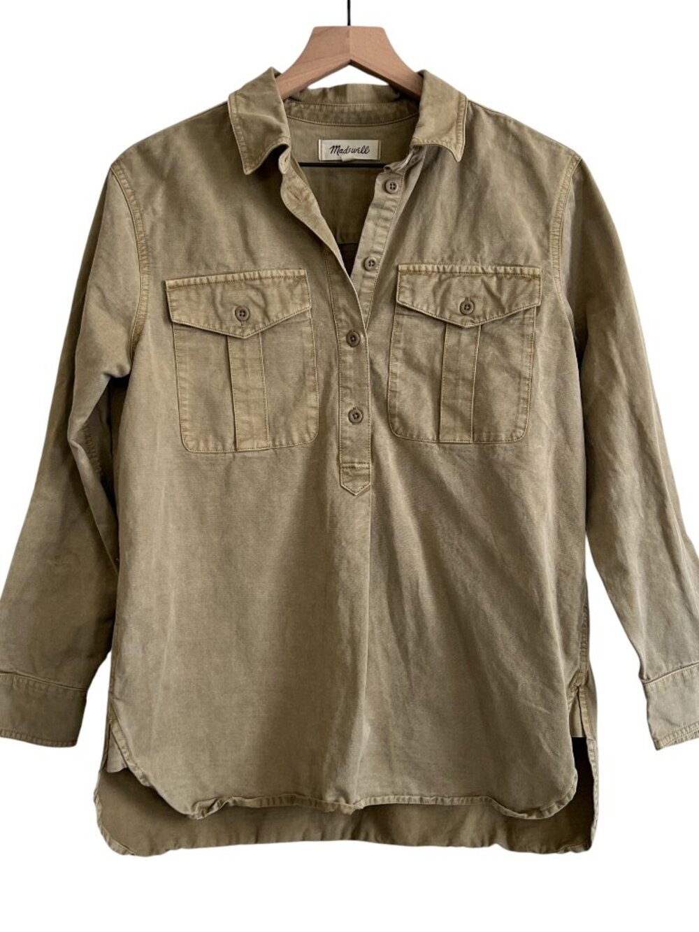 Madewell Khaki Long Sleeve Utility Military Popover Shirt